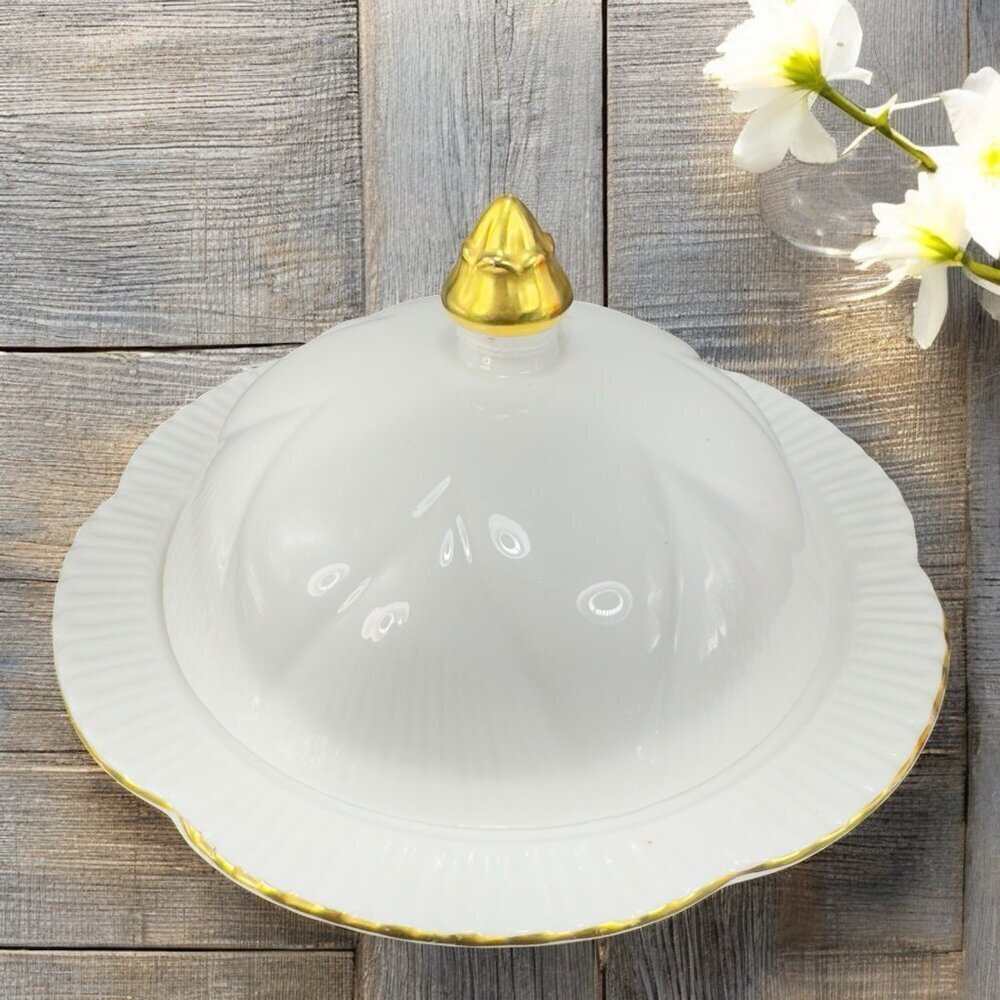 Shelley Bone China Covered Butter‎ Dish England White With Gold Accents Vintage